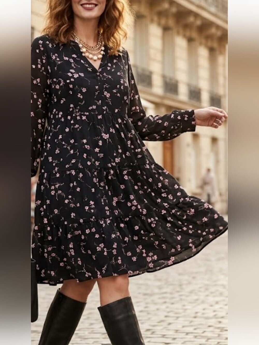 Time and Tru Black Long Sleeve Floral Tiered Dress with Pink Print Size XXL.